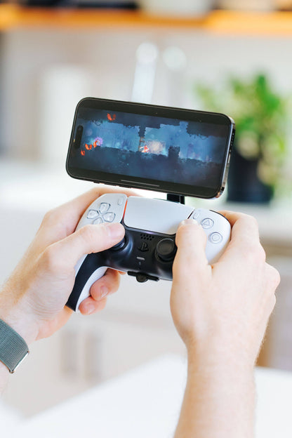 Play games on your phone with your PS5 controller using the Mechanism Phone Mount and the Mechanism PS5 Controller Grip