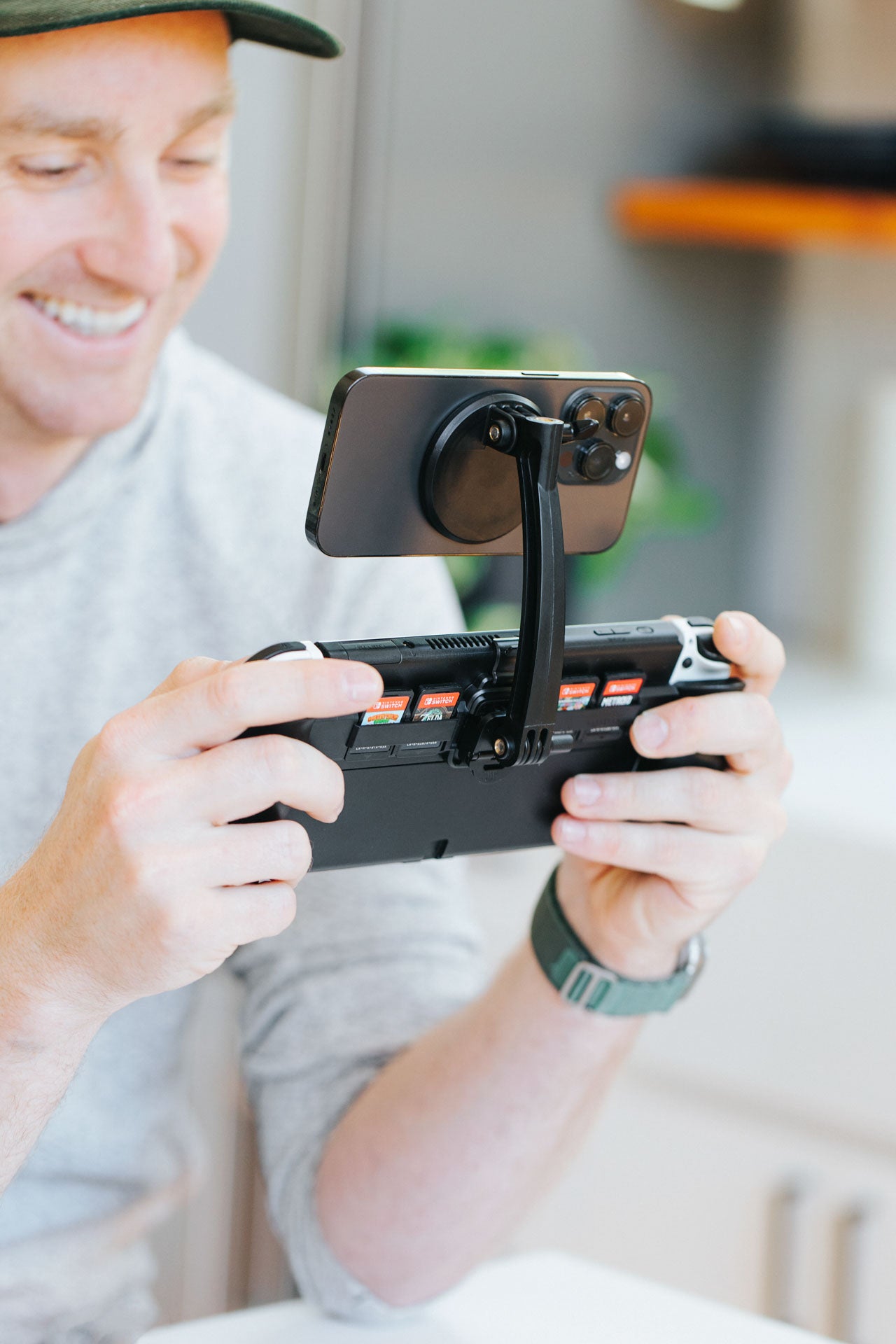 Mount your phone above your Switch using the Mechanism Switchmate and Phone Mount.