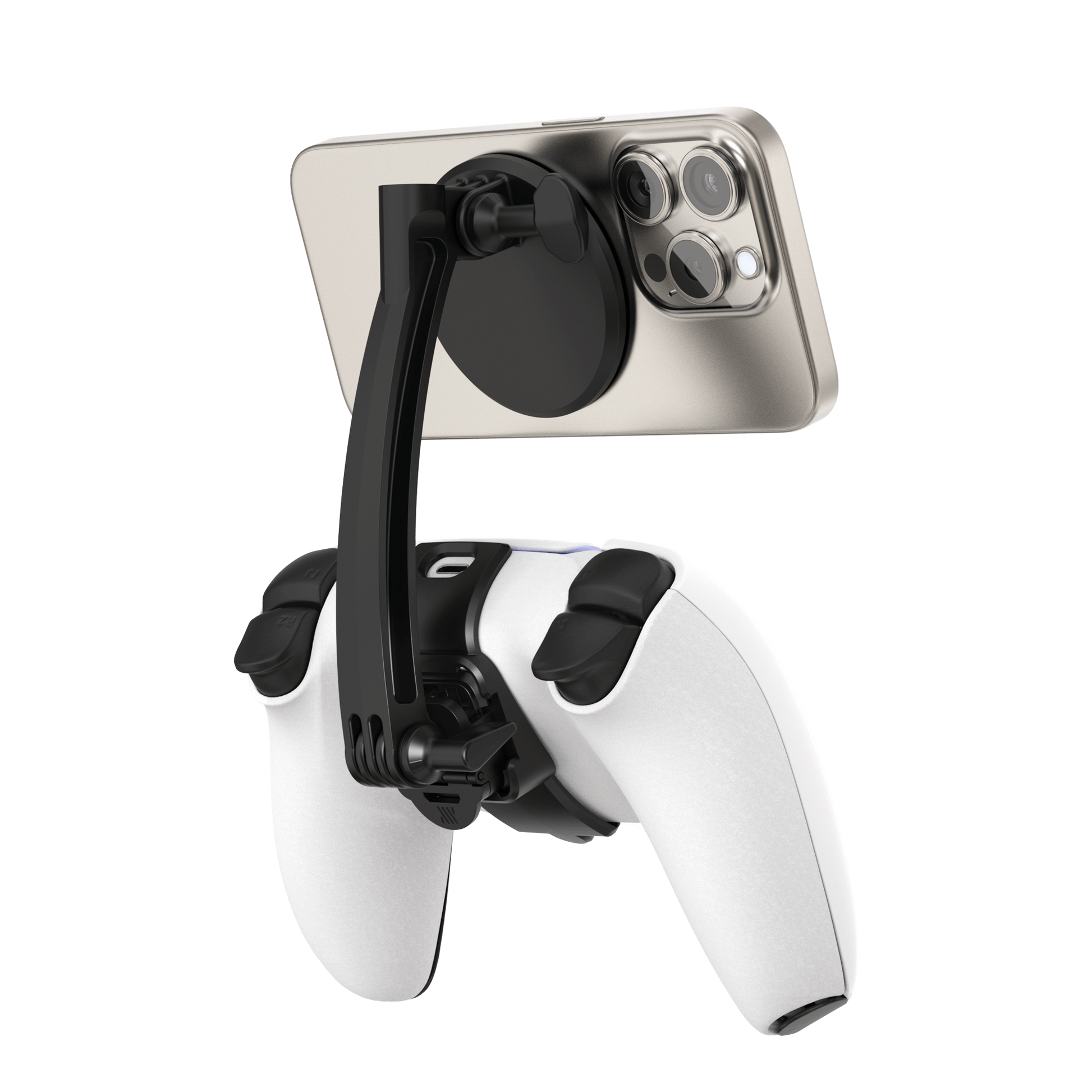 Back view of the Mechanism controller grip for PS5 with a phone mount attached.