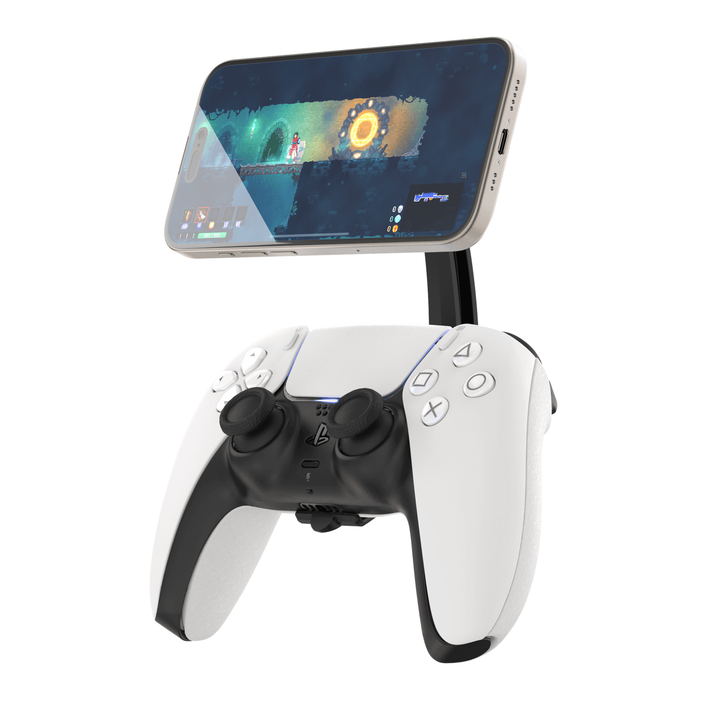 Front view of the Mechanism controller grip for PS5 with a phone mount attached.