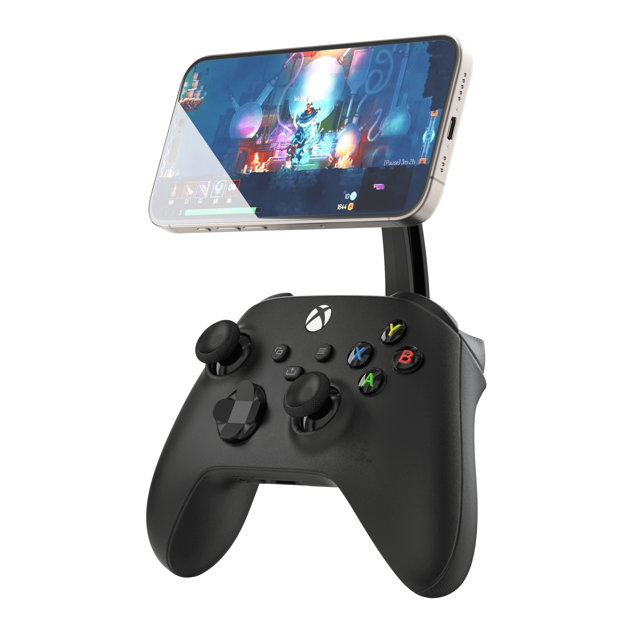 Front view of the Mechanism Phone Mount connecting an iPhone to an Xbox controller
