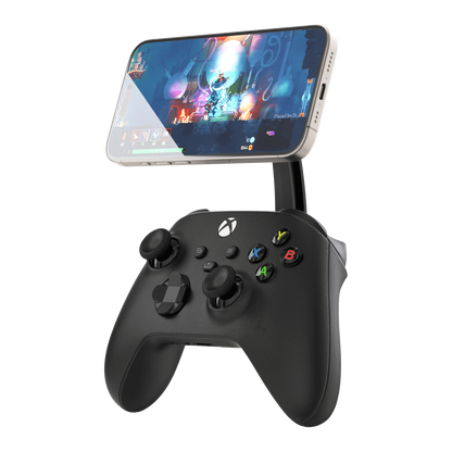 Front view of the Mechanism Phone Mount connecting an iPhone to an Xbox controller